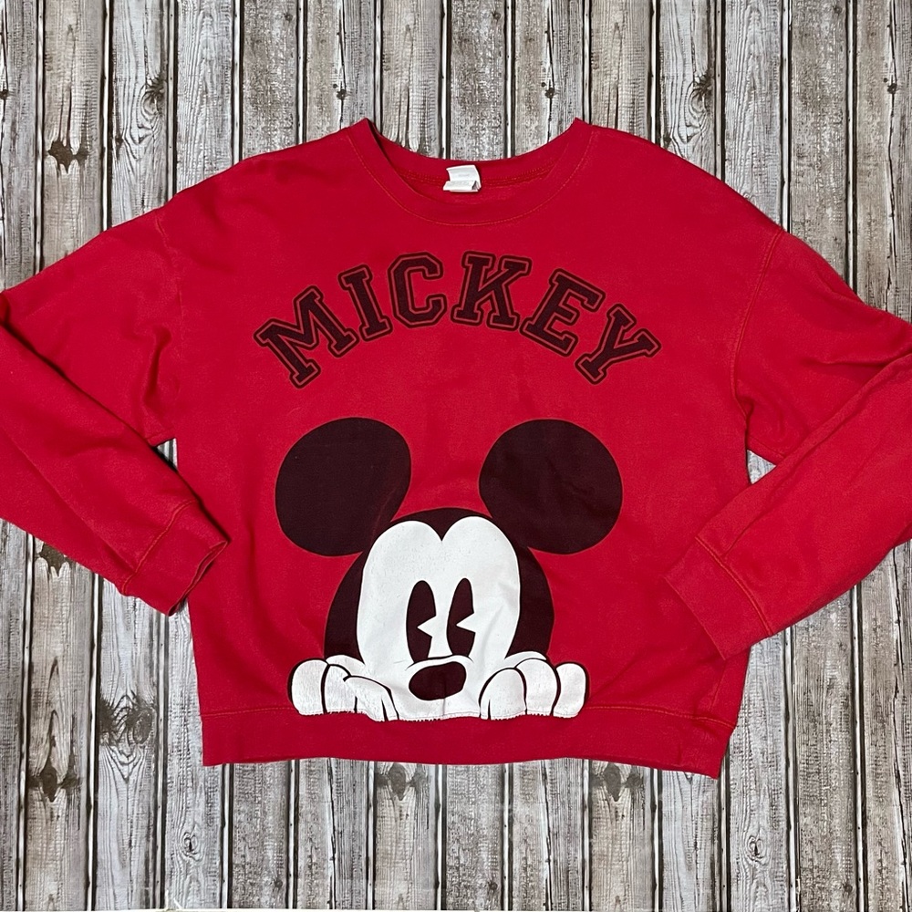 Disney Mickey Mouse Spelllout Red Pullover Women’s Sweatshirt Size XL (15-17)